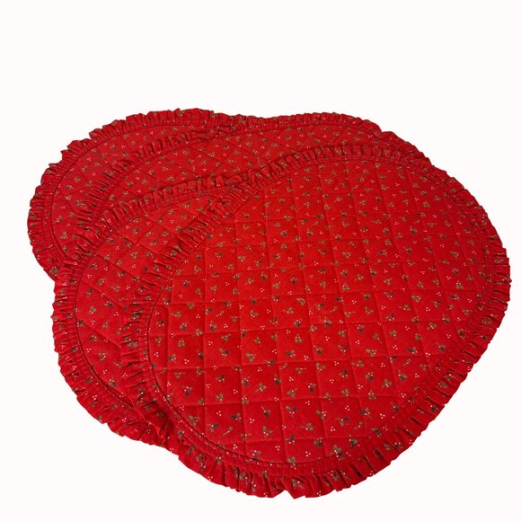 Quilted Christmas Placemats Set of 4 VTG Red Holly Oblong Kitchen Table Decor - Picture 3 of 14